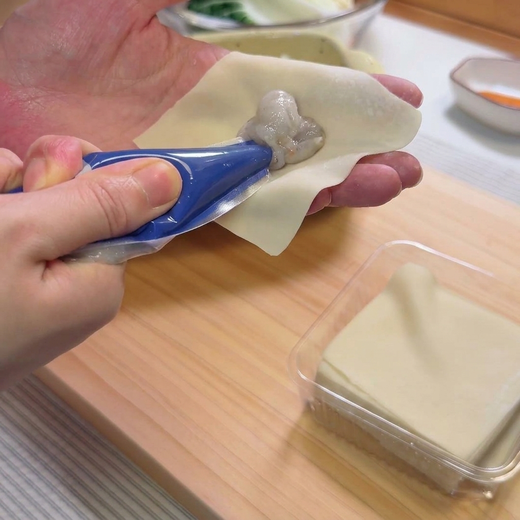 Eine Hand formt einen Wan-Tan, indem die Ränder des Teigblatts über der Füllung zusammengedrückt werden.