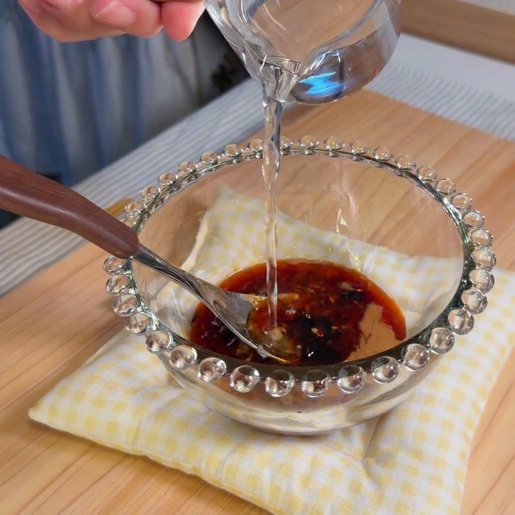 Wasser wird unter Rühren langsam in eine dicke Sesampaste gemischt, um eine glatte Sauce zu erhalten.
