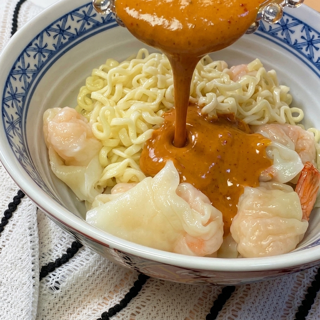 Nahaufnahme einer Schöpfkelle, die dicke, pikante Sesamsauce über eine Schüssel mit gekochten Nudeln und Garnelen-Wan-Tans gießt.