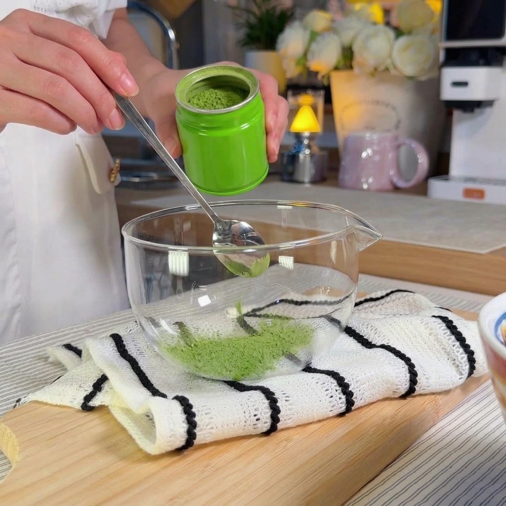 Eine Person verquirlt grünes Matcha-Pulver mit warmem Wasser in einem durchsichtigen Glas, um ein glattes Konzentrat zu erhalten.