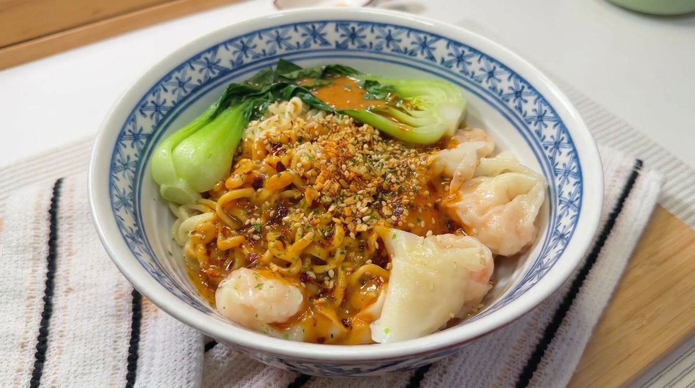 Pikante Sesam-Nudeln mit Garnelen-Wan-Tans