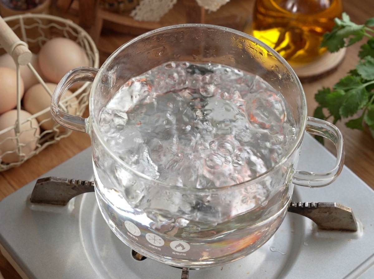 Frisch geformte Garnelen-Nudeln werden in einen Topf mit kochendem Wasser gegeben.