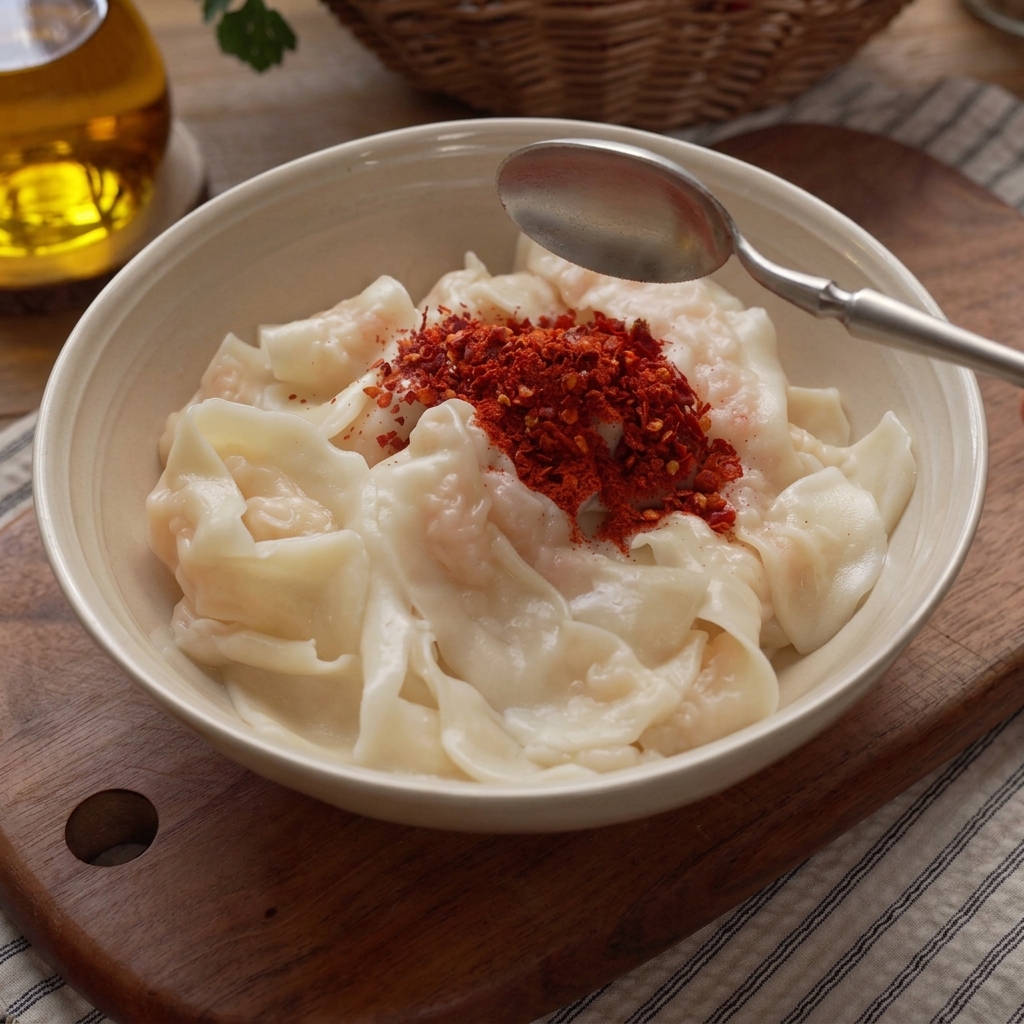 Eine Schüssel mit Nudeln, belegt mit Chilipulver, Sesamsamen und Knoblauch, ein Löffel liegt am Rand.