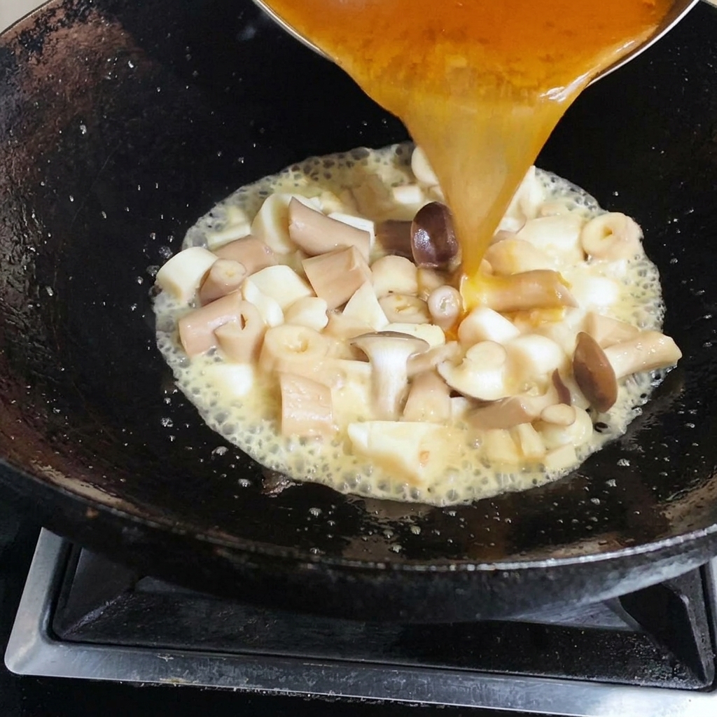 Goldene Garnelenbrühe wird in einen Wok mit angebratenen Pilzen gegossen.