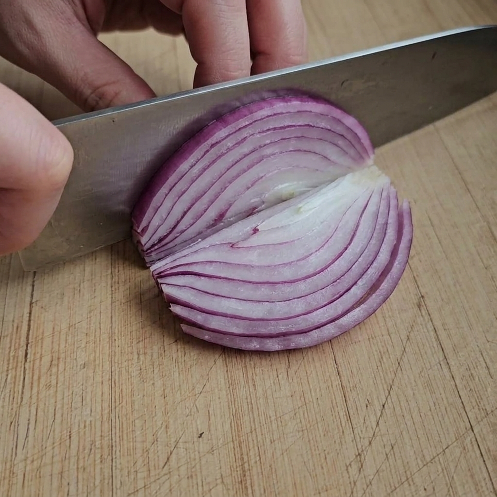 Dünn geschnittene rote Zwiebelstreifen auf einem Holzschneidebrett.