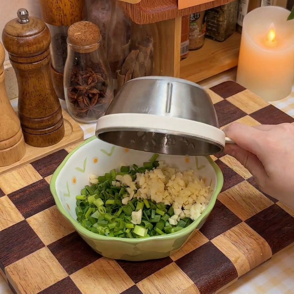 Eine kleine Schüssel mit Frühlingszwiebeln, Knoblauch und Gewürzen auf einem Holzbrett.