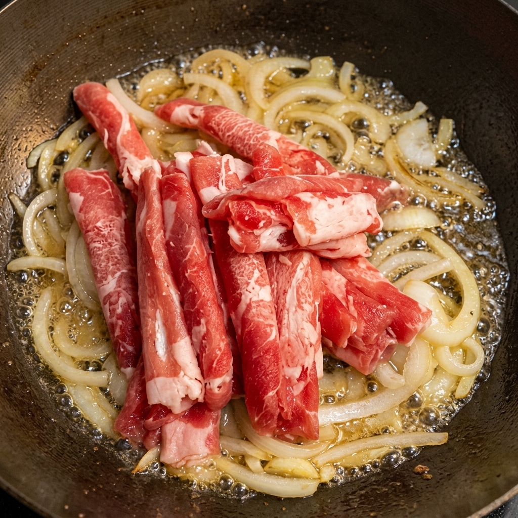 Dünne Rindfleischstreifen garen zusammen mit Zwiebeln und Sauce in der Pfanne.