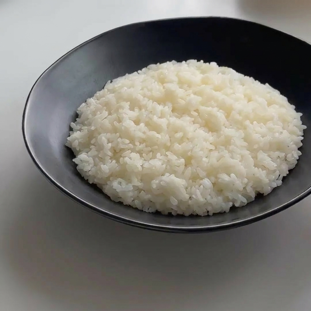 Ein perfekt gegartes Ei auf einer Portion Reis in einer schwarzen Schale.