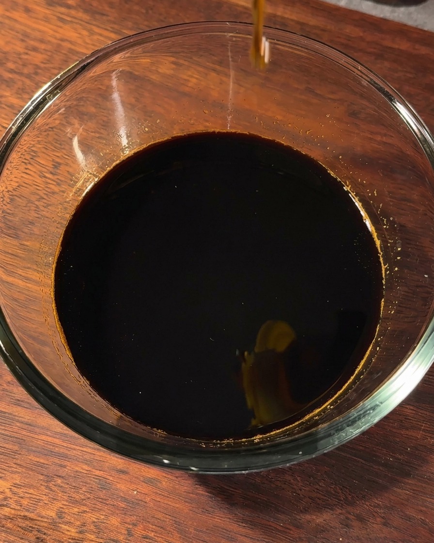 Eine Glasschüssel mit der dunklen Sauce, die mit Pfeffer und Sesamöl verfeinert wird.