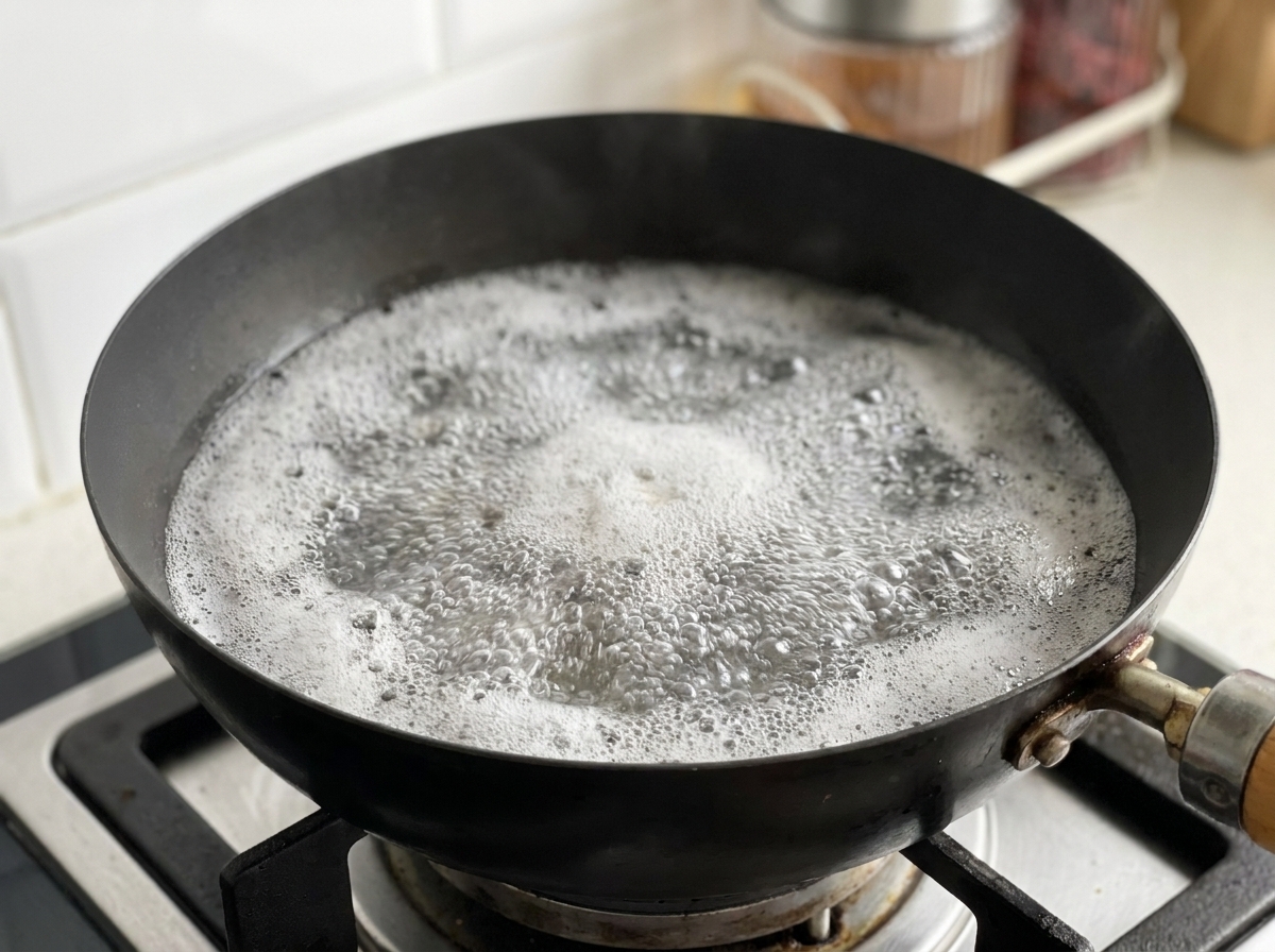 Dünne Rindfleischscheiben kochen in einem Topf mit Wasser.