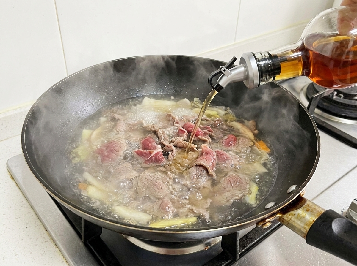 Kochwein wird in eine Pfanne mit kochendem Rindfleisch gegossen.
