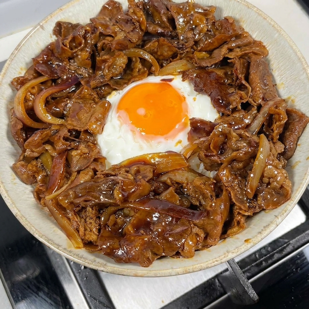 Eine Schale mit Reis und mittigem Ei, umgeben von Teriyaki-Rindfleisch und Zwiebeln.