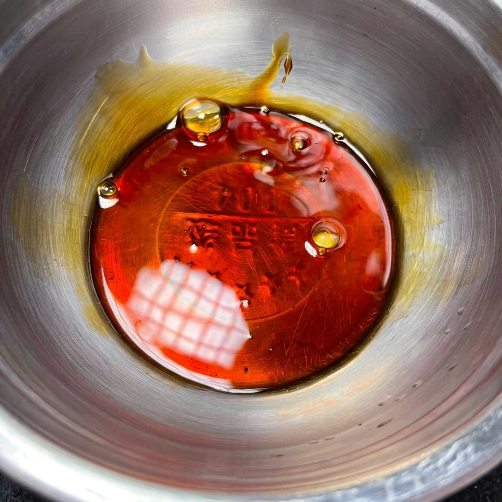 Eine Metallschüssel mit den vermischten Zutaten für die Teriyaki-Sauce.