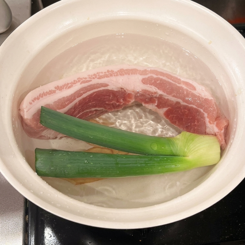 Kochwein wird in einen Topf mit Schweinebauch, Frühlingszwiebel und Ingwer gegossen.