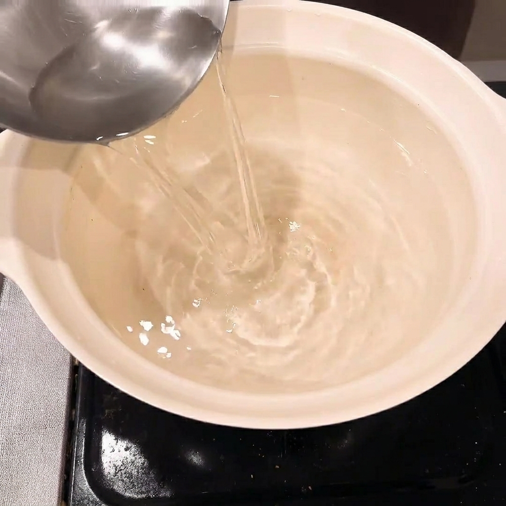 Zutaten für die Schmorsauce, einschließlich Miso-Paste und Sojasauce, werden in einem Topf verrührt.