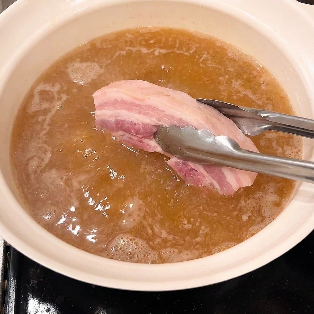 Eine Zange legt blanchierte Schweinebauchstücke in einen Topf mit köchelnder brauner Schmorflüssigkeit.