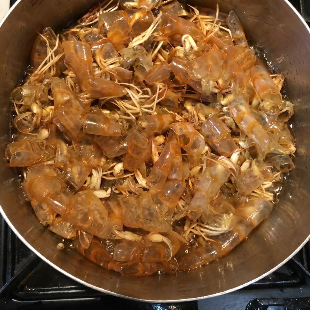 Sake, Mirin, Sojasauce und Zucker werden in den Topf mit Garnelenschalen gegeben.