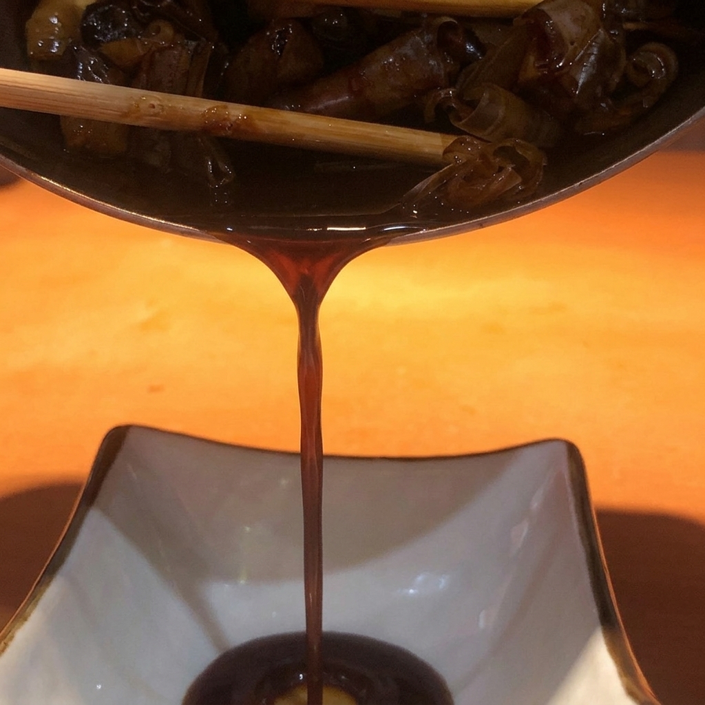 Dunkle, konzentrierte Sauce wird durch ein Sieb in eine weiße Keramikschale gegossen.