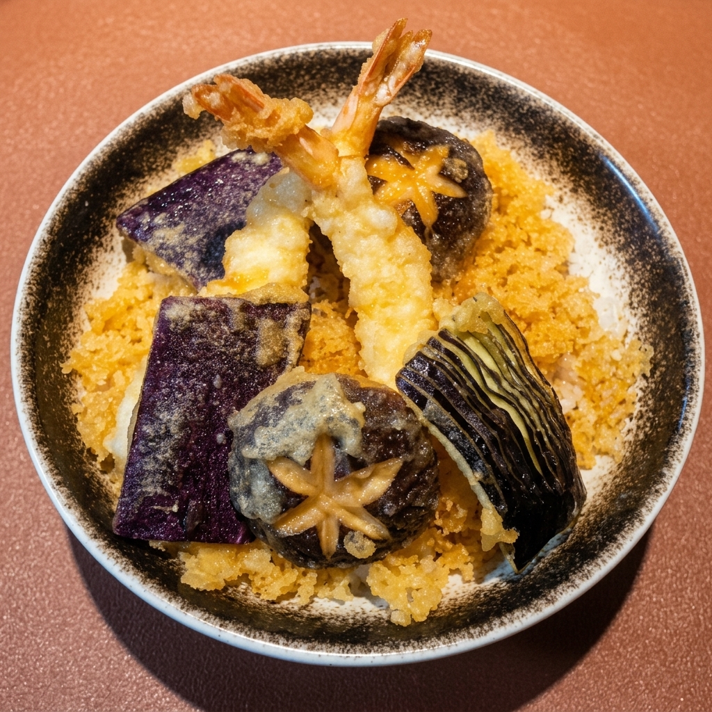 Ein japanischer Donburi mit goldener Garnele und Aubergine auf Reis.