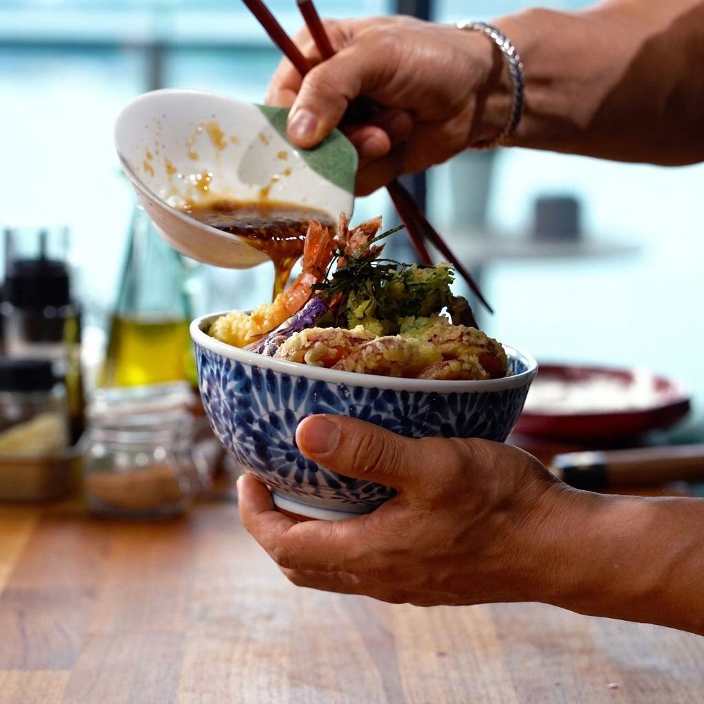 Heiße Tempura-Sauce wird mit einer weißen Keramikkelle über eine Schale mit frisch frittiertem Tempura und Reis gegossen.