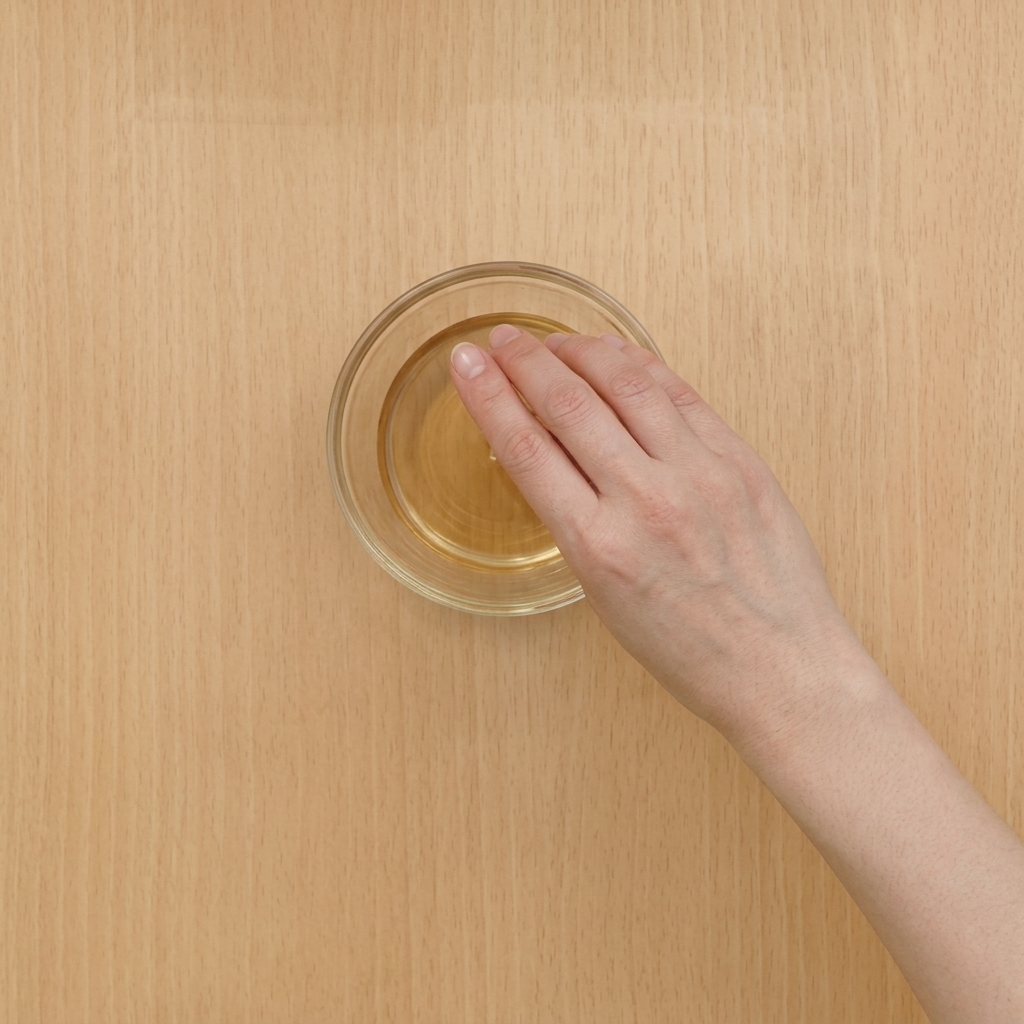 Eine kleine Glasschüssel auf einer Holzfläche, in der eine Mischung aus Mirin, Zucker, Sojasauce, Dashi und Wasser verquirlt wird.