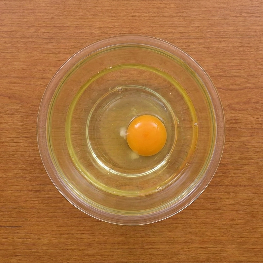 Eine Glasschüssel, in der ein Ei und Wasser verquirlt werden, während Mehl und Stärke hinzugefügt werden, um einen glatten Teig zu rühren.