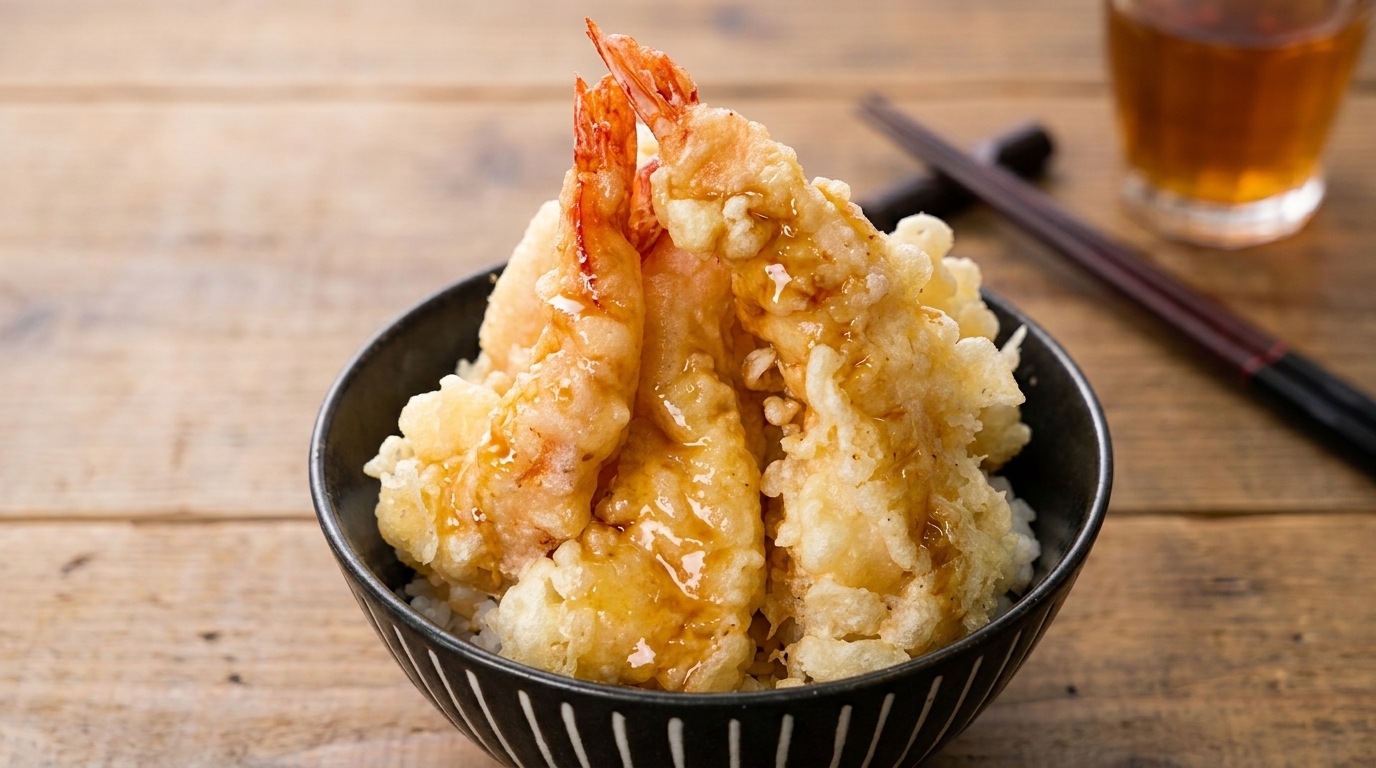 Authentisches Garnelen-Tempura Donburi (Knusprige Tempura-Reisschüssel)