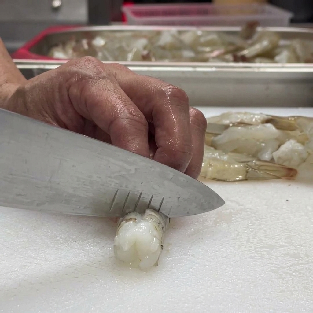 Ein Messer macht präzise, flache Schnitte am Bauch der Garnele.