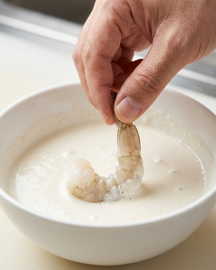 Eine Garnele wird in eine Schüssel mit glattem, weißem Tempura-Teig getaucht.