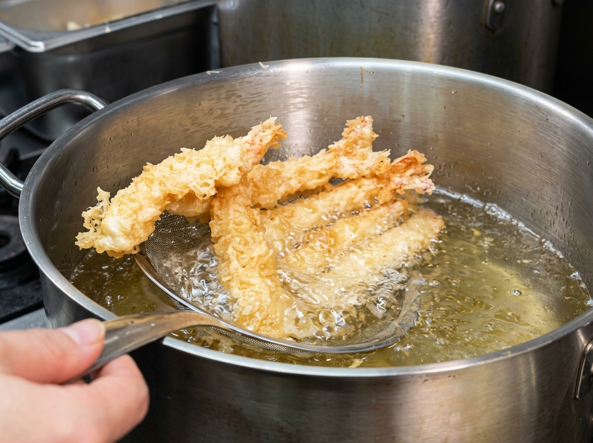Tempura-Garnelen frittieren im heißen Öl und werden goldbraun.