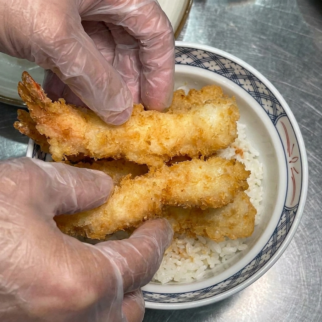 Tempura-Garnelen werden auf weißem Reis in einer dekorativen Schüssel platziert.