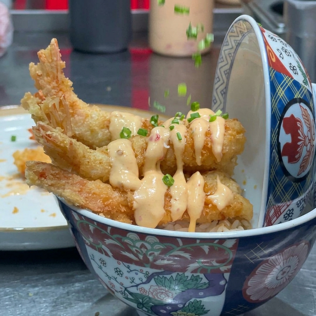 Gehackte Frühlingszwiebeln werden über eine fertige Tempura-Reisschale gestreut.