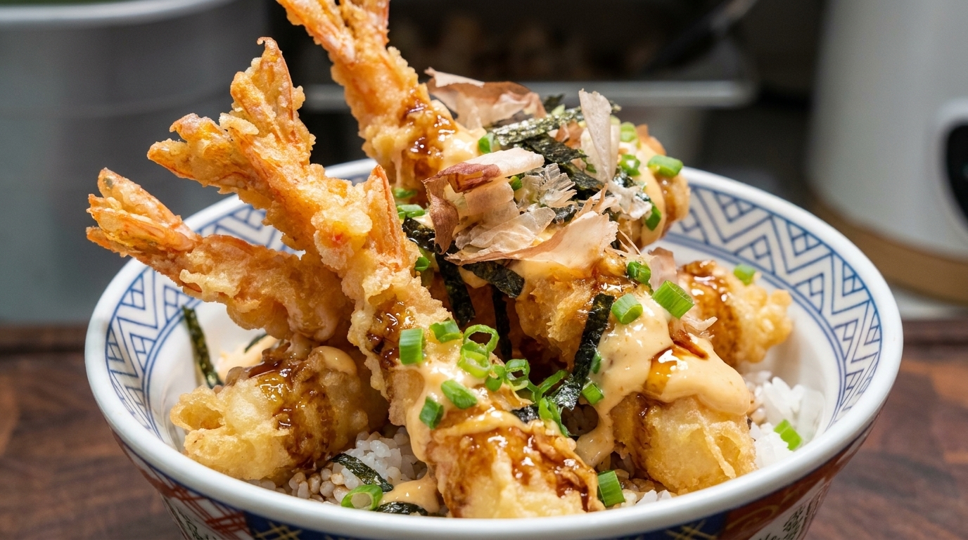 Eine lebendige Schale Ten Don mit goldenen, knusprigen Tempura-Garnelen auf weißem Reis, großzügig garniert mit würziger dunkler Sojasauce und cremiger Sauce.