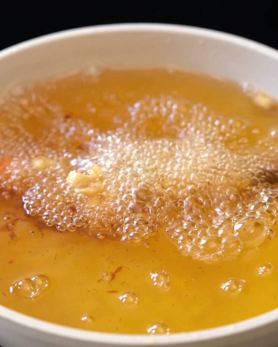 In Tempura-Teig gewendete Garnelen frittieren in heißem Öl und sind von Blasen umgeben.