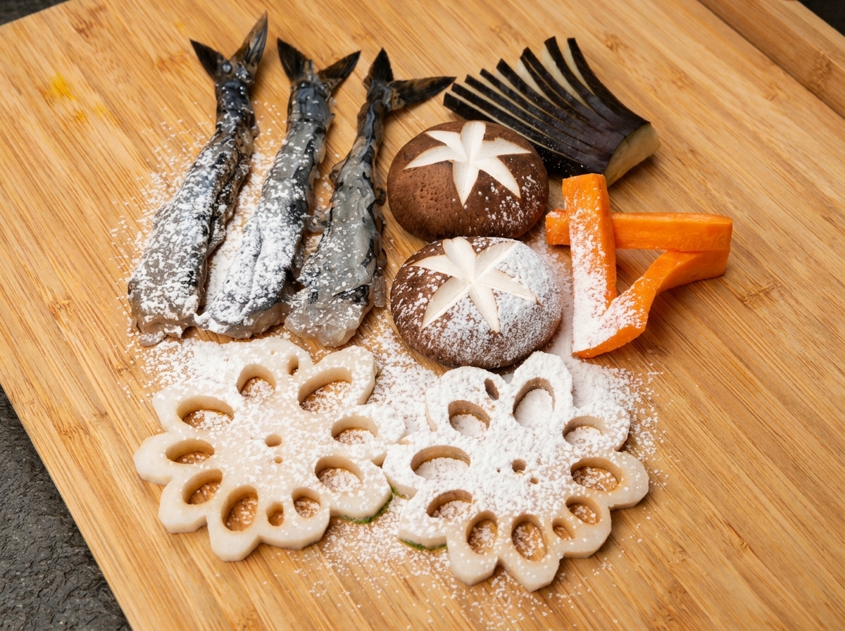 Eine rohe Garnele, die am Bauch eingeschnitten und auf einem Holzbrett flach gedrückt wird.