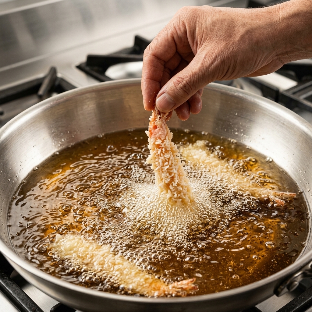 Eine Hand legt ein Stück Teig-ummantelte Garnele in eine Pfanne mit heißem, blubberndem Öl.