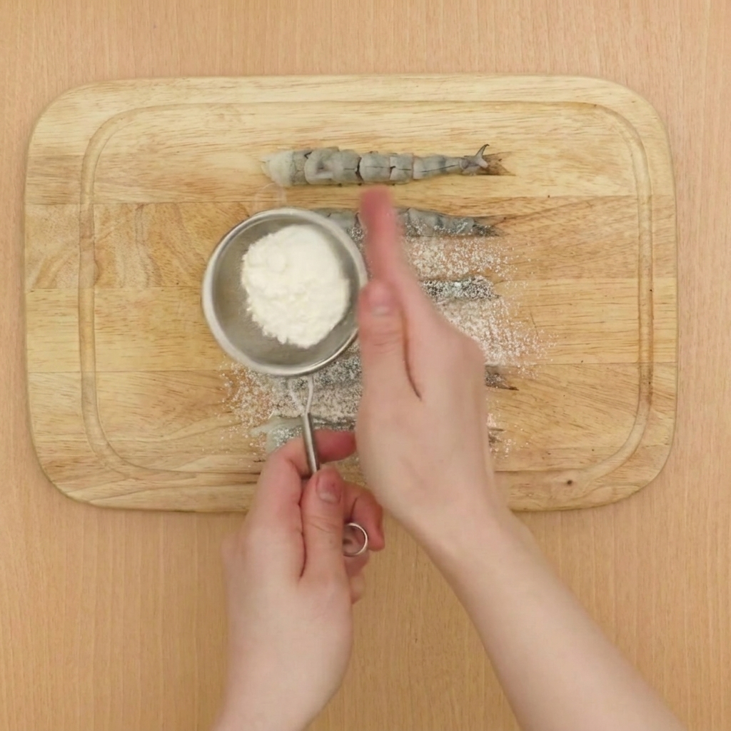 Low-Gluten-Mehl wird über die rohen Garnelen auf einem Holzbrett gesiebt.