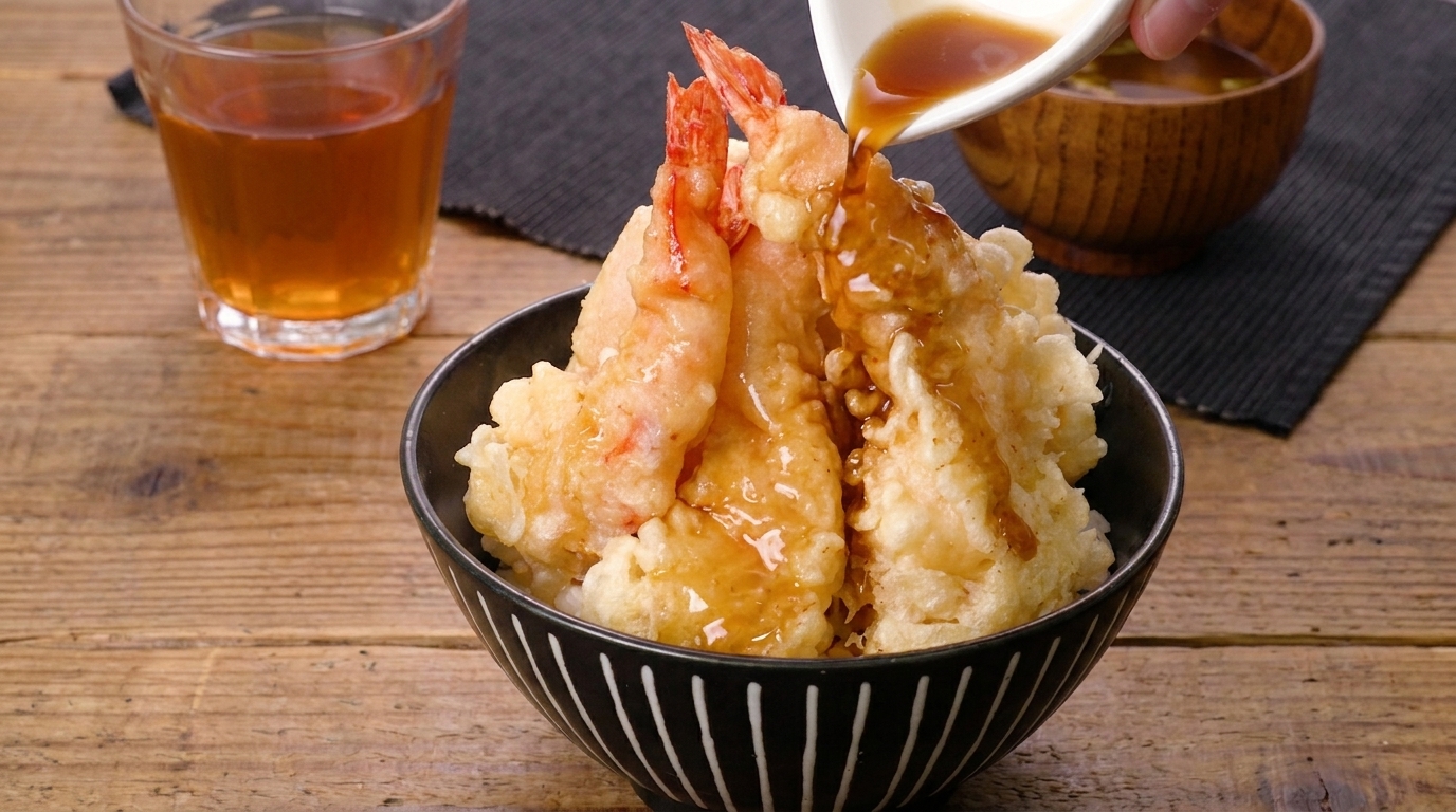 Authentisches Garnelen-Tempura-Donburi (Ten-don)