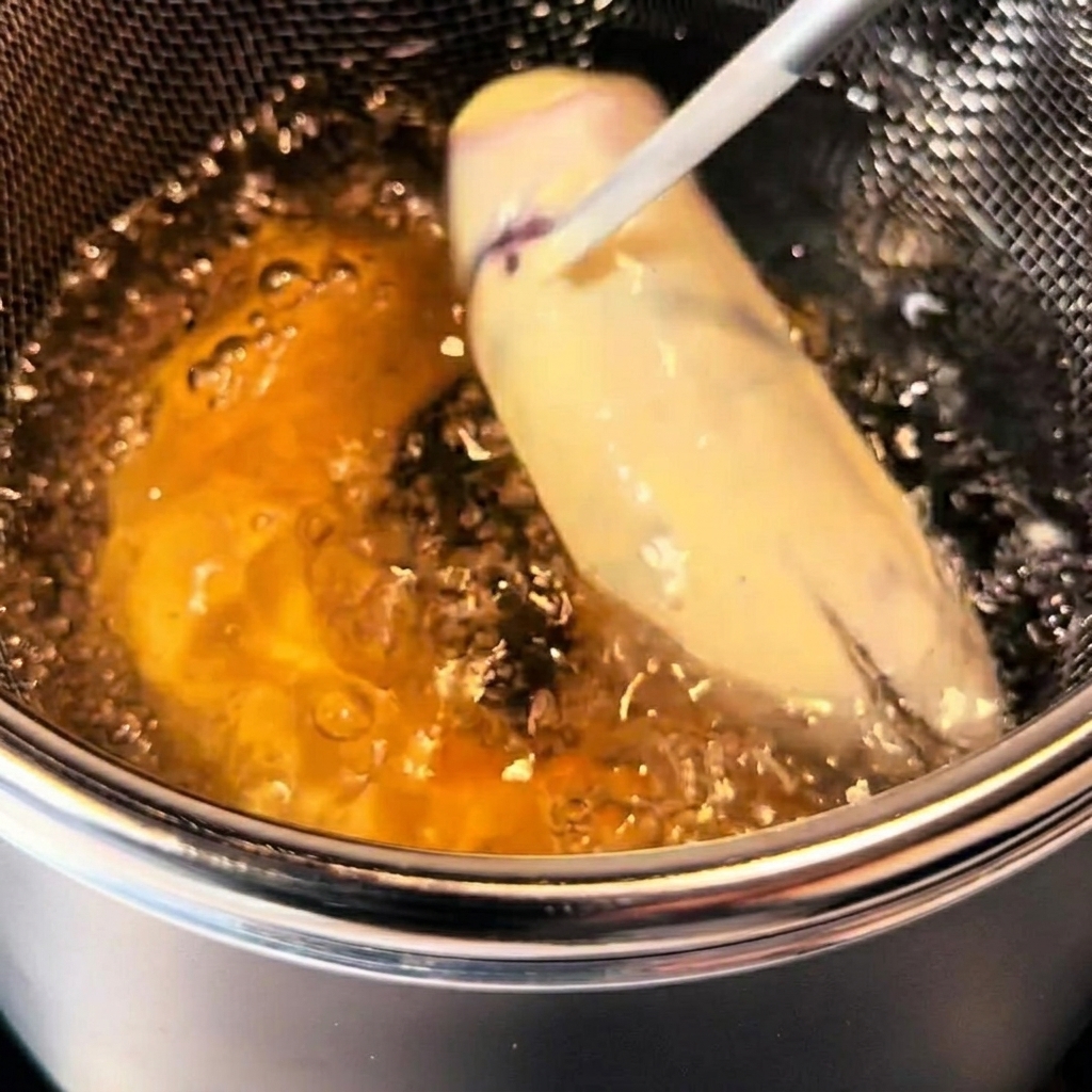 Paniertes Tempura, das in heißem, blubberndem Öl in einem Edelstahltopf frittiert wird.
