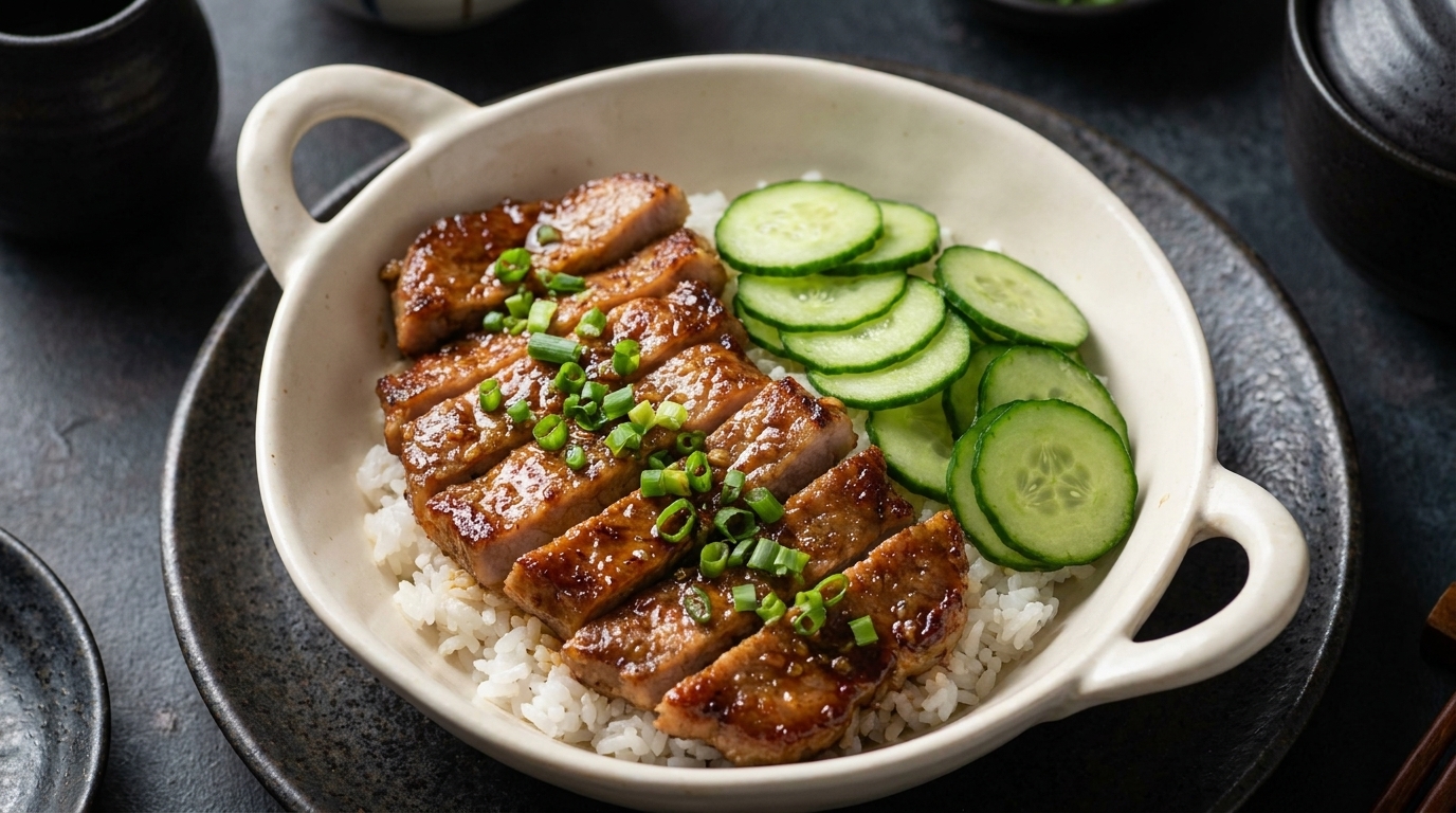 Salzige Frühlingszwiebel-Schweinekoteletts mit Reis