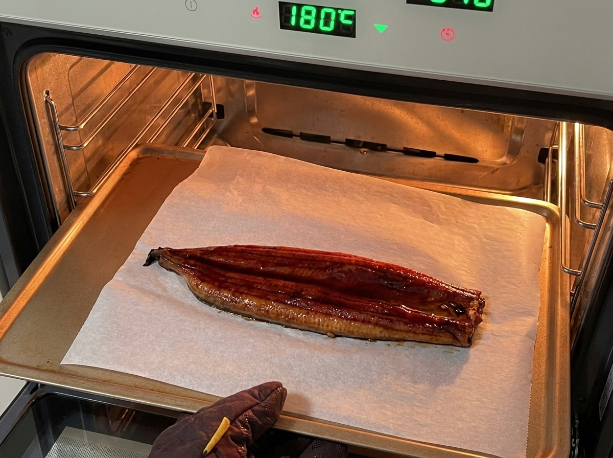Ein glasiertes Unagi-Filet auf Backpapier in einem auf 180°C vorgeheizten Ofen.