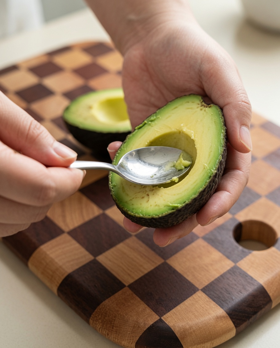 Ein Löffel schabt das Fruchtfleisch aus einer Avocadohälfte.