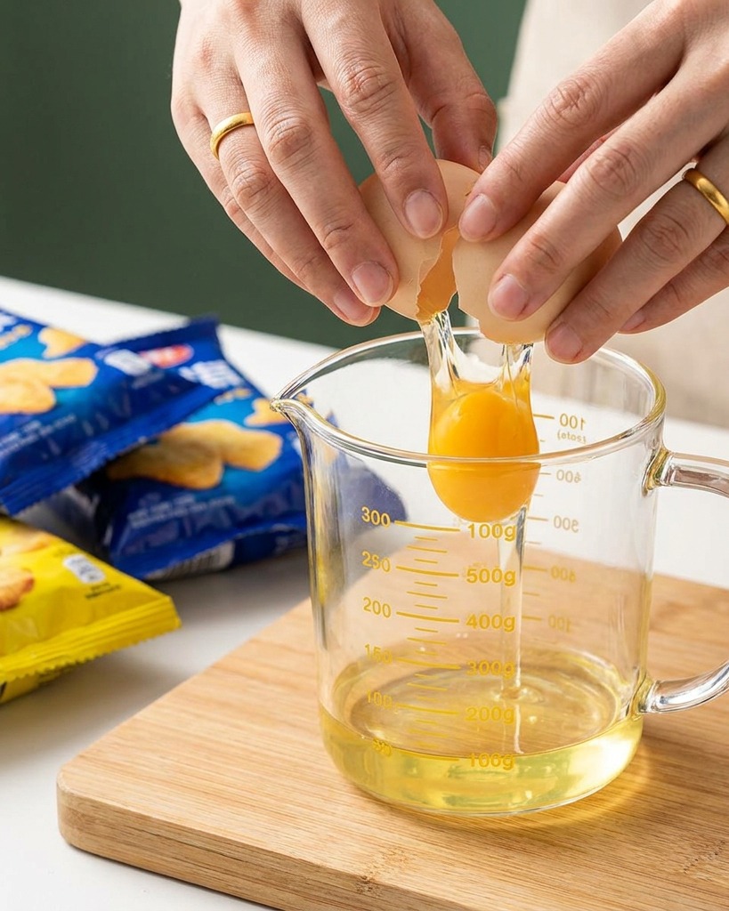 Eier werden in einen Messbecher geschlagen und mit einem Schuss Milch ergänzt, bereit zum Verquirlen.