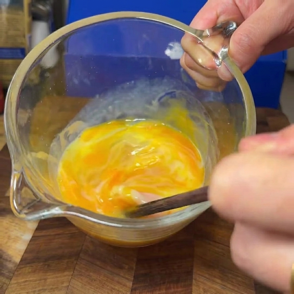 Eier und Milch werden mit Stäbchen in einem transparenten Messbecher verquirlt.