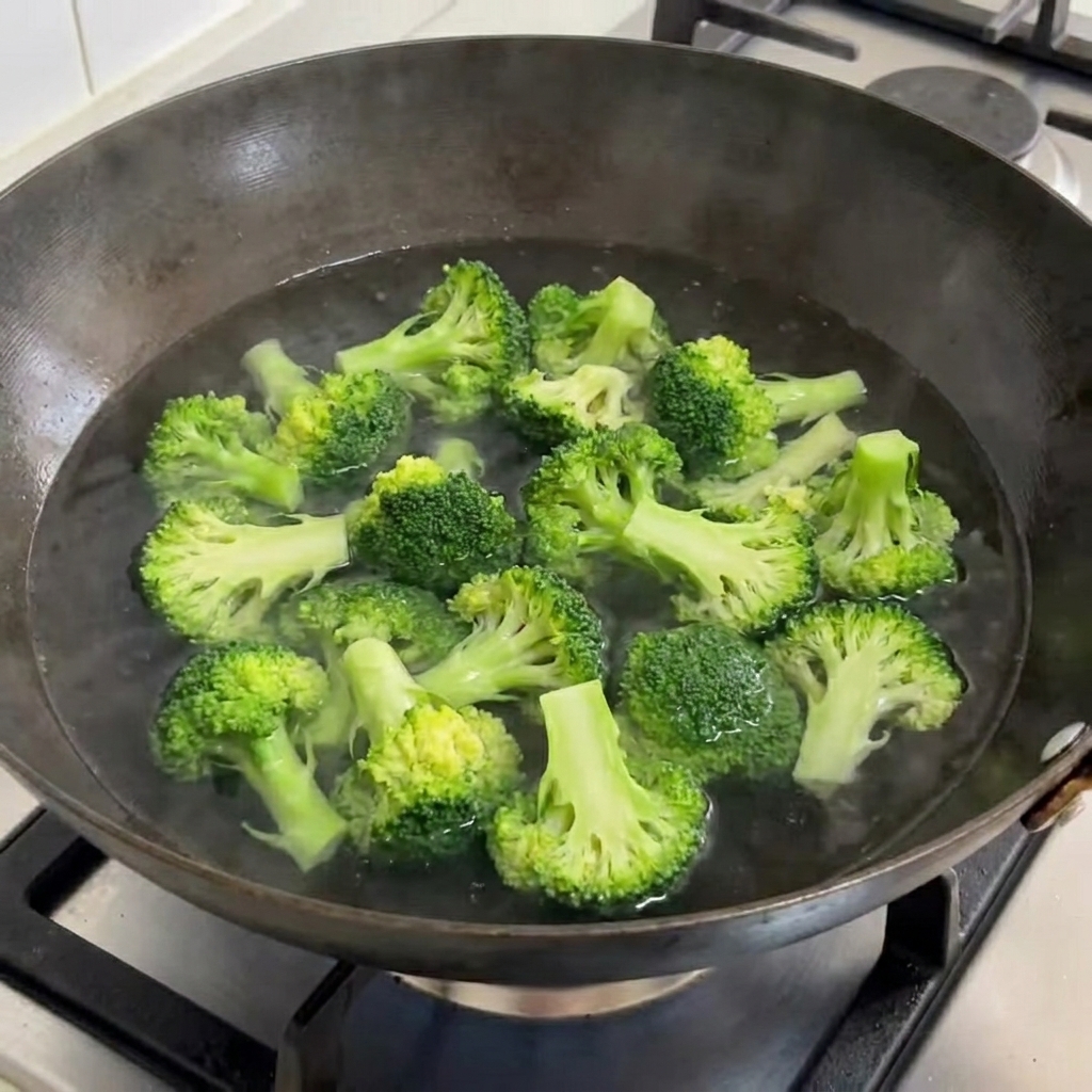 Brokkoli-Röschen kochen in einem Topf mit Wasser.