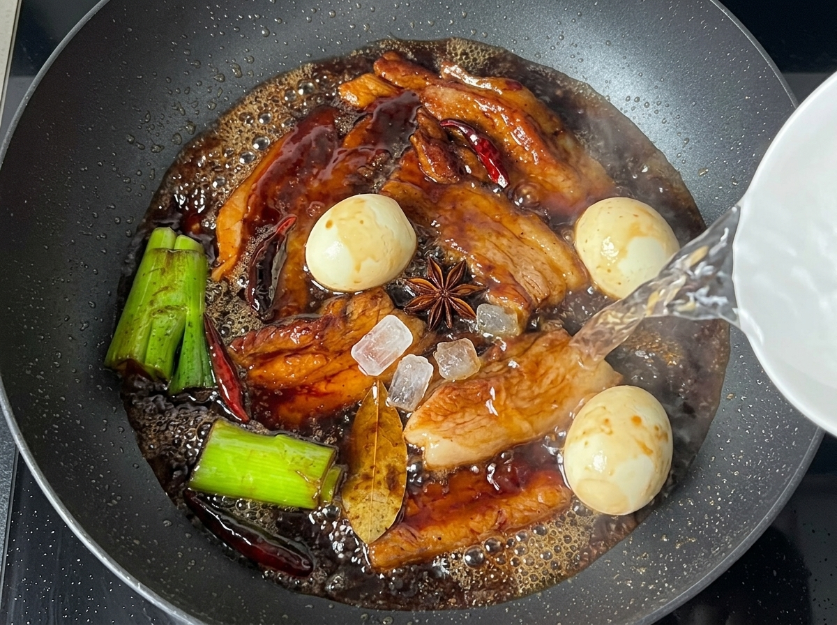 Pfanne mit Schweinebauch, Eiern, Gewürzen und Wasser schmort mit Kandiszucker.
