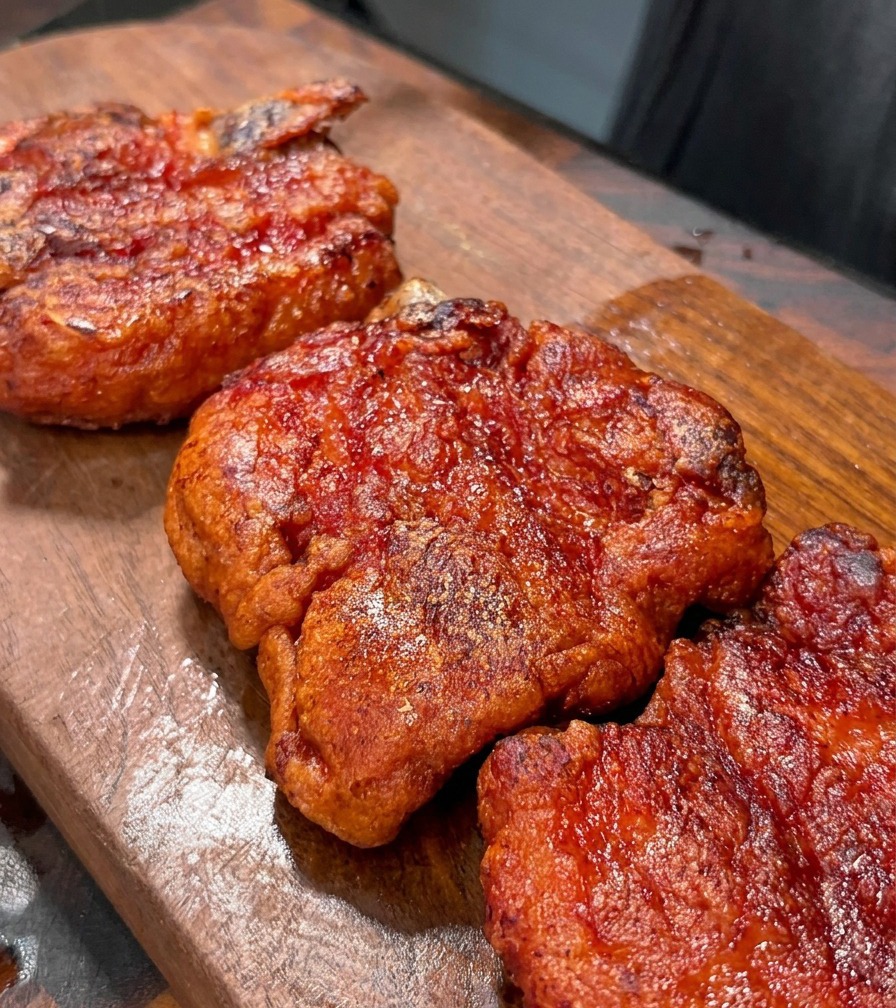 Knusprig frittierte Schweinebauchstreifen werden auf einem Holzbrett in Scheiben geschnitten.
