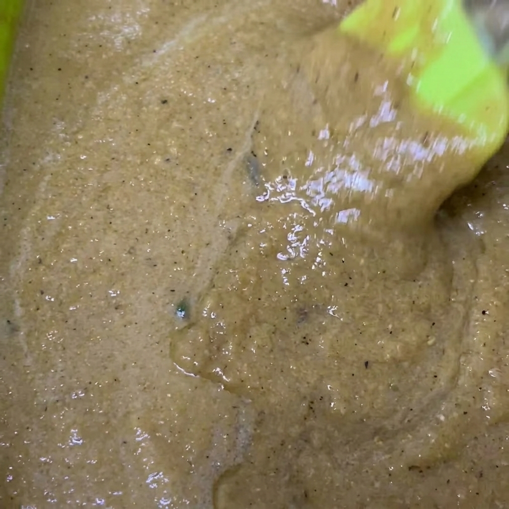 Eine grüne Rührschüssel mit der gemixten Marinade, der Sojasauce und schwarzer Pfeffer hinzugefügt werden.
