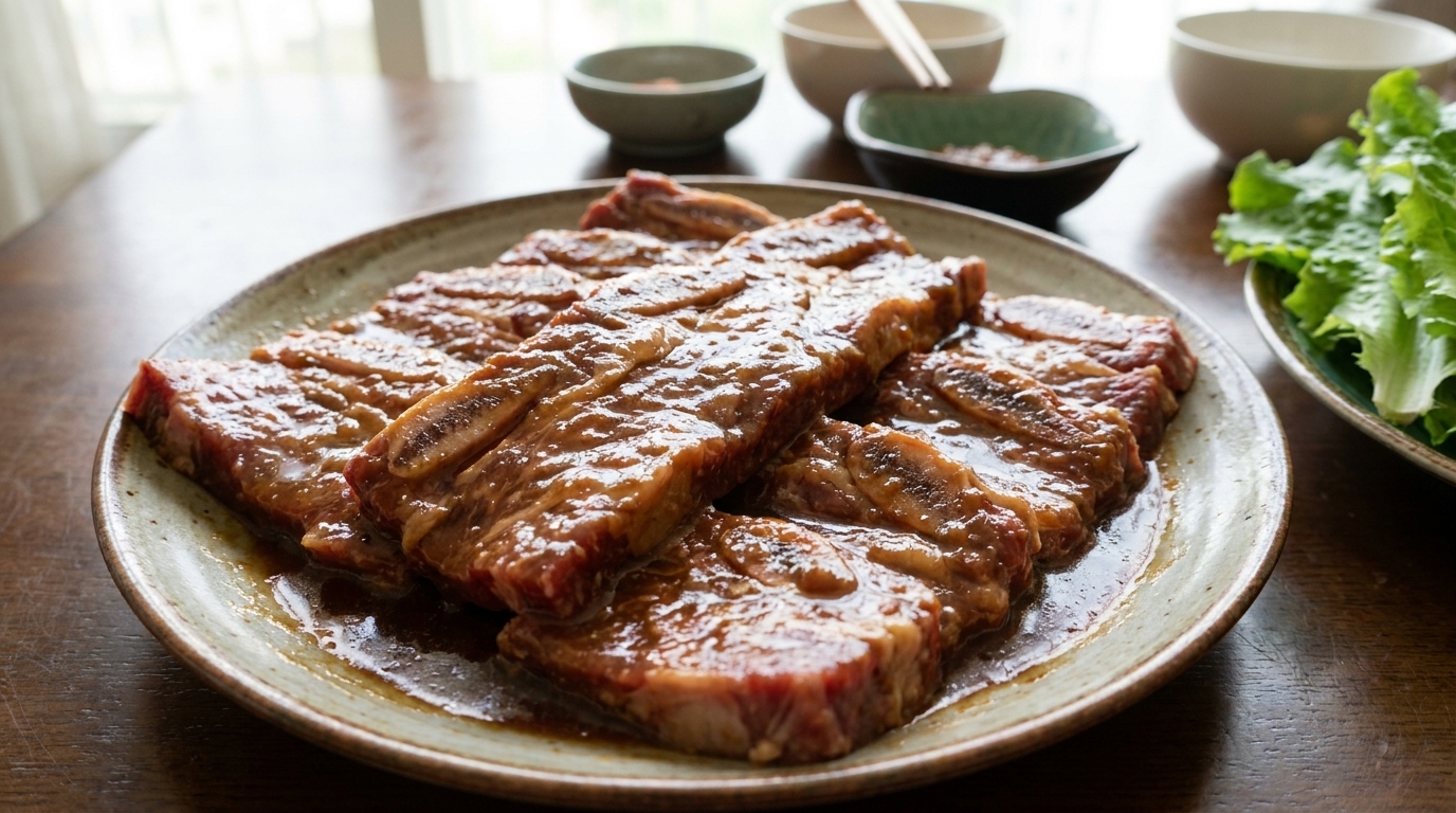 Rinder-Short-Ribs, umhüllt von einer reichhaltigen, herzhaften Sojamarinade, bereit für den Grill.