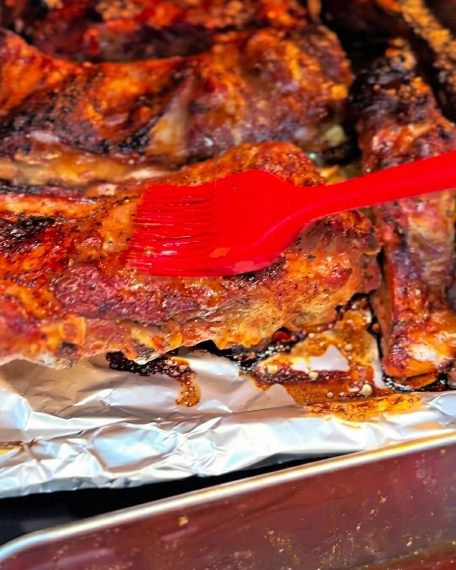 Ein roter Silikonpinsel trägt eine glänzende Glasur auf die Oberfläche der bräunenden Schweinerippchen auf.